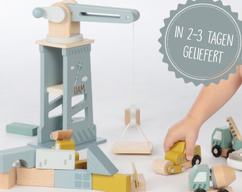 Toy construction site with crane, personalizable gift boy 2nd birthday, gift kindergarten child, toy crane, label label