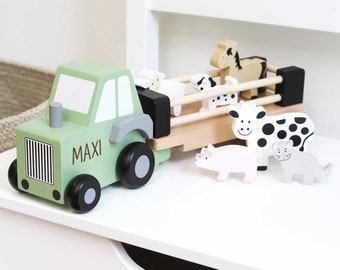 Personalizable tractor with trailer and animals, toy car tractor with name, toy tractor made of wood, toy Jabadabado