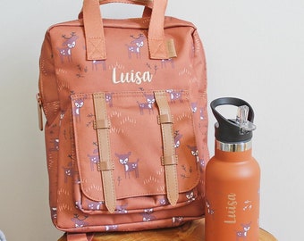 Rucksack-Flaschen-Set Reh braun personalisierbar, Rucksack Kindergarten, Rucksack Fresk, Trinkflasche Kind, Geschenk Kita Einschulung