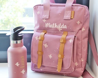 Rucksack-Flaschen-Set Schwalbe rosa personalisierbar, Rucksack Kindergarten Fresk, Trinkflasche Kind, Geschenk Kita Einschulung Mädchen