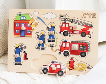 Wooden puzzle fire brigade customizable, wooden puzzle toddler, gift 1st birthday