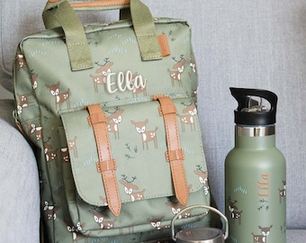Backpack bottle set deer olive green customizable, kindergarten backpack, Fresk backpack, child drinking bottle, daycare gift