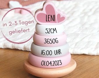 Personalized stacking tower with name and birth details, pink wood, gift for a girl's birth or christening, stacking toy, label label