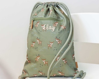 Gym bag deer olive green personalizable, sports bag school child Fresk, gift daycare enrollment, sports bag child