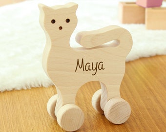 Holz-Schiebetier Katze mit Namen personalisierbar, Spielzeug-Katze aus Holz, Geschenk 1. Geburtstag, Spielzeug Buchenholz