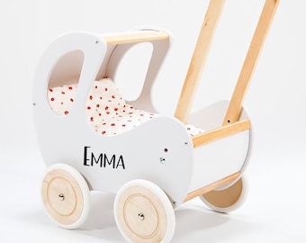 Personalisierbarer Puppenwagen Lauflernwagen Retro weiß, Puppenwagen mit Name personalisiert aus Holz