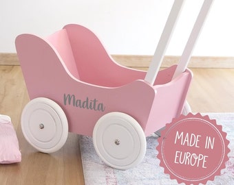 Doll's stroller pink, birthday gift for girls, doll's stroller pink made of wood