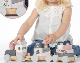 Gift for a girl's baptism, railway wooden train pink customizable with name and baptism dates, gift for godchild, plug-in game label label