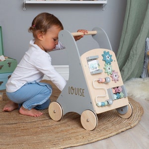 Andador de bebê 2 em 1 com jogos de habilidades motoras, andador de bebê de madeira JaBaDaBaDo, presente de primeiro aniversário, presente de batismo menino e menina