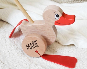 Pato de madera personalizado para empujar, regalo para el primer cumpleaños de un niño pequeño, para aprender a caminar.