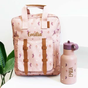 Sac à dos bouteille set hippocampe rose personnalisable, sac à dos maternelle fresque, gourde enfant, cadeau garderie inscription école fille