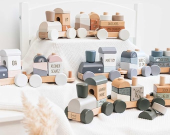 Eisenbahn Holzzug personalisiert mit Name & Geburtsdaten, verschiedene Farben, Babygeschenk zur Geburt Junge Mädchen, Eisenbahn Label Label