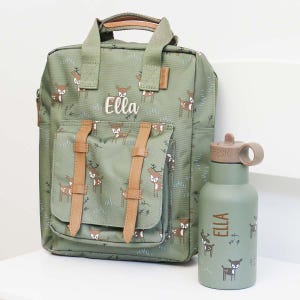 Sac à dos ensemble de bouteilles cerf vert olive personnalisable, sac à dos maternelle, sac à dos Fresk, gourde enfant, cadeau garderie