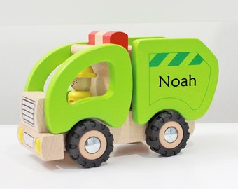 Gift boy 2nd birthday, toy car garbage truck personalized with name, toy car green made of wood, toy toddler