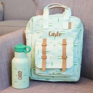 Ensemble sac à dos-bouteille Surf Boy personnalisable, sac à dos maternelle, sac à dos fresque, bouteille enfant, cadeau crèche inscription école