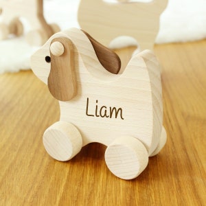 Può includere: Un giocattolo di legno a forma di cane con il nome "Liam" inciso sul lato. Il giocattolo è realizzato in legno chiaro con accenti marroni più scuri sulle orecchie. Ha quattro ruote in legno.
