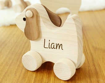 Wooden push-toy dog customizable with name, toy dog with wobbly ears, 1st birthday gift, beech wood toy