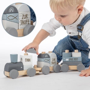Gift for baptism, railway wooden train blue personalizable with name and baptism date, gift godchild, plug-in game label label