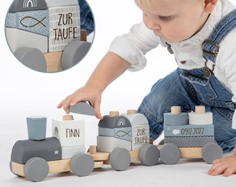 Gift for baptism, railway wooden train blue personalizable with name and baptism date, gift godchild, plug-in game label label