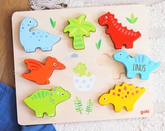 Wooden puzzle dino customizable, wooden puzzle toddler boy, puzzle goki, gift 1st birthday