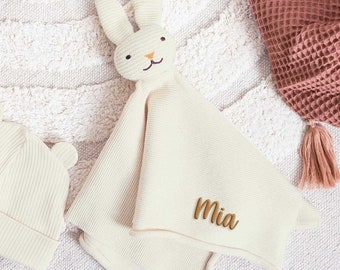 Schmusetuch Baby Hase mit Namen personalisiert, Kuscheltier gehäkelt, Schnuffeltuch Fresk, Geschenk Geburt