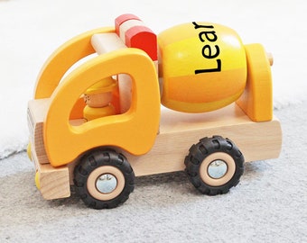 Gift boy 2nd birthday, toy car concrete mixer personalized with name, toy car construction site made of wood, toy toddler