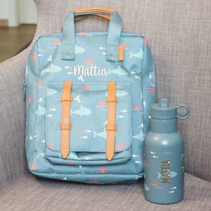 Sac à dos bouteille set requin bleu personnalisable, sac à dos maternelle, sac à dos fresque, gourde enfant, cadeau garderie inscription école