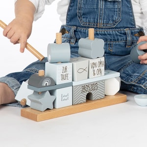 Stapelspiel blau personalisierbar mit Namen und Geburtsdaten, Geschenk Geburt für Jungen, Steckspiel Haus Label Label