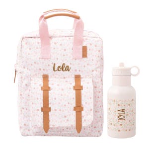 May include: A pink floral backpack and matching water bottle. The backpack has a front pocket with brown straps and the name "Lola" in gold lettering. The water bottle also features the name "Lola" and a floral design.