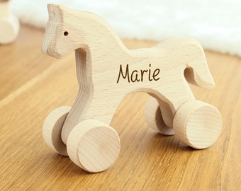 Wooden push-toy horse customizable with name, wooden toy horse, 1st birthday gift, beech wood toy