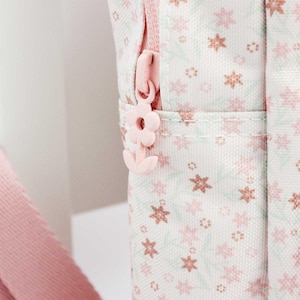 May include: Close-up of a pink and white floral patterned backpack. The zipper pull is a light pink flower shape. The fabric has a repeating pattern of pink and light green flowers.