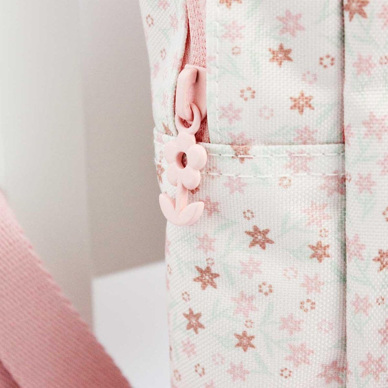 May include: Close-up of a pink and white floral patterned backpack. The zipper pull is a light pink flower shape. The fabric has a repeating pattern of pink and light green flowers.
