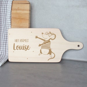 Frühstücksbrettchen personalisiert Maus aus Holz, Schneidebrettchen Kind, Geschenk zur Geburt Geburtstag