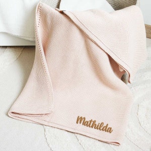 Baby blanket knitted with name light pink, stroller blanket personalized, gift birth girl