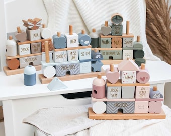 Stacking house game, customizable with name and birth details, various colors, baby gift, stacking house label