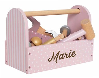 Boîte à outils enfant rose en bois, personnalisable, cadeau 1er anniversaire fille, jouet outil JaBaDaBaDo