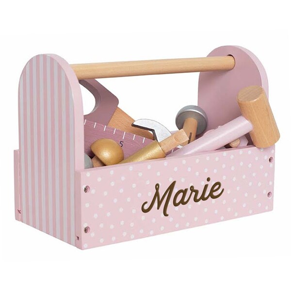 Boîte à outils enfant rose en bois, personnalisable, cadeau 1er anniversaire fille, jouet outil JaBaDaBaDo