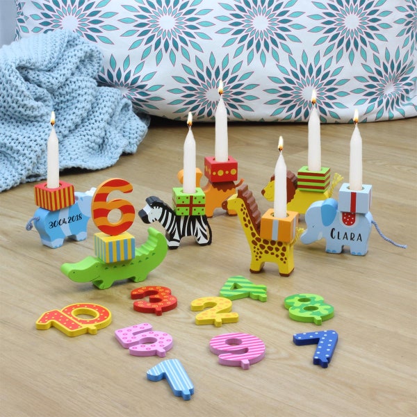 Geburtstagstierparade mit Personalisierung, Geburtstagszug Tiere mit Kerzenhalter, Kindergeburtstag Deko