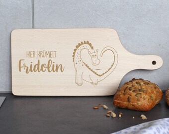 Frühstücksbrettchen personalisiert Dino aus Holz, Schneidebrettchen Kind, Geschenk zur Geburt Geburtstag