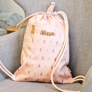 Turnbeutel Seepferdchen rosa personalisierbar, Sporttasche Mädchen Fresk, Geschenk Kita Einschulung Mädchen