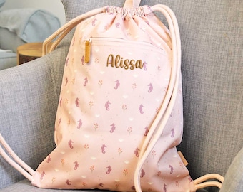 Bolsa de gimnasio caballito de mar rosa personalizable, bolsa de deporte niñas fresco, guardería de regalo para niñas