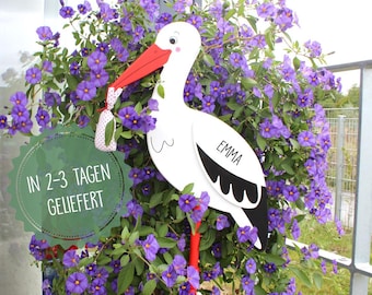 Personalized stork for birth announcement, wooden stork garden stake with name, garden display baby announcement, goki