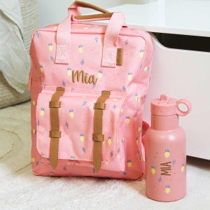 Sac à dos bouteille set citrons rose personnalisable, sac à dos maternelle, sac à dos fresque, gourde enfant, cadeau garderie inscription école