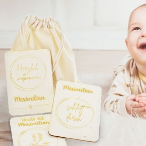 Carte importanti per bambini personalizzate in legno | in sacchetto di cotone biologico | Il primo anno