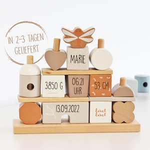 Stacking game nougat personalizable with name and date of birth, gift birth baptism boy, stacking game house label label