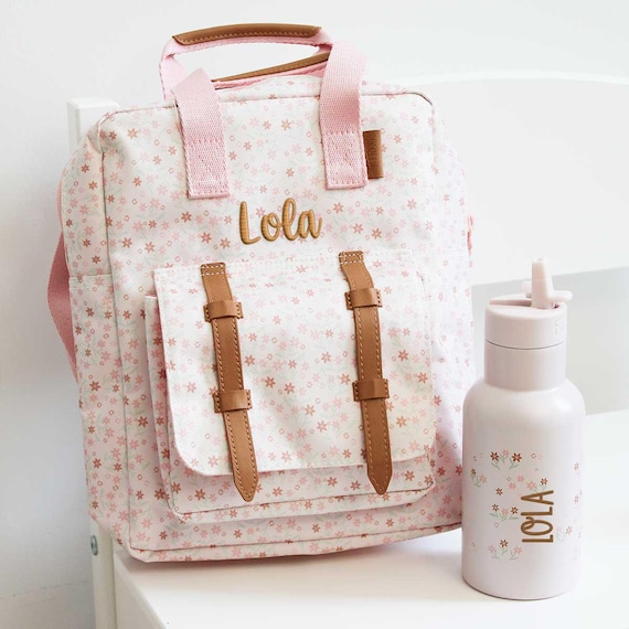 Rucksack-Flaschen-Set Blümchen rosa personalisierbar, Rucksack Kindergarten, Rucksack Fresk, Trinkflasche Kind, Geschenk Kita Einschulung