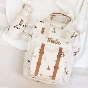 Sac à dos bouteille set lapin personnalisable, sac à dos maternelle fresque, gourde enfant, cadeau crèche inscription école, cadeau Pâques