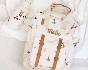 Sac à dos bouteille set lapin personnalisable, sac à dos maternelle fresque, gourde enfant, cadeau crèche inscription école, cadeau Pâques