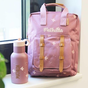 Sac à dos bouteille set hirondelle rose personnalisable, sac à dos maternelle fresque, gourde enfant, cadeau garderie inscription école fille