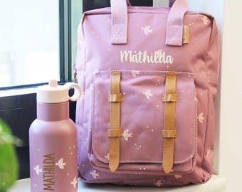 Sac à dos bouteille set hirondelle rose personnalisable, sac à dos maternelle fresque, gourde enfant, cadeau garderie inscription école fille